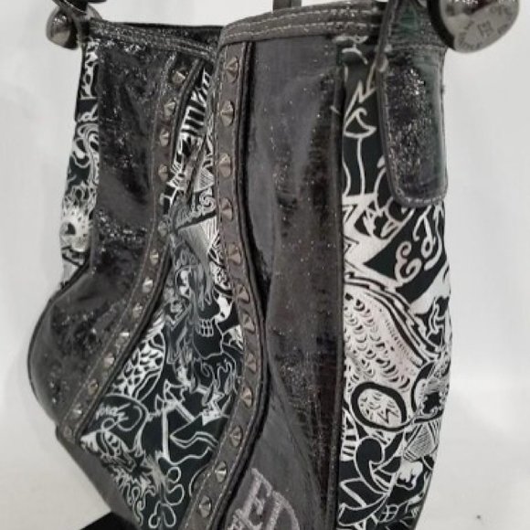 Ed Hardy Black & Silver Patent Leather Shoulder Bag Regualer Medium Size Bag - Picture 4 of 9
